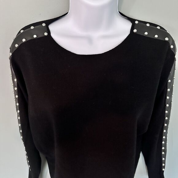 Sioni Milano Sweater Womens L Black Faux Leather Silver Studs Soft Mobwife Edgy - Picture 3 of 8